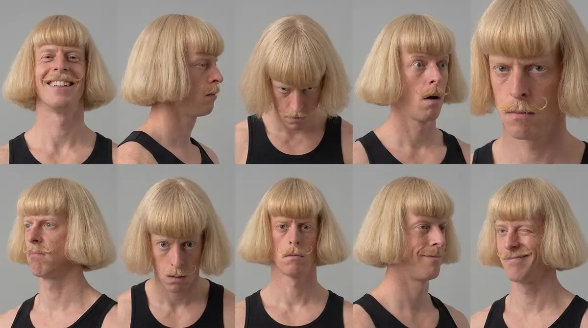 Expression sheet of an AI character with a blond bob and curled moustache: ten close-ups of the same face, from a grin to a wink, at different angles