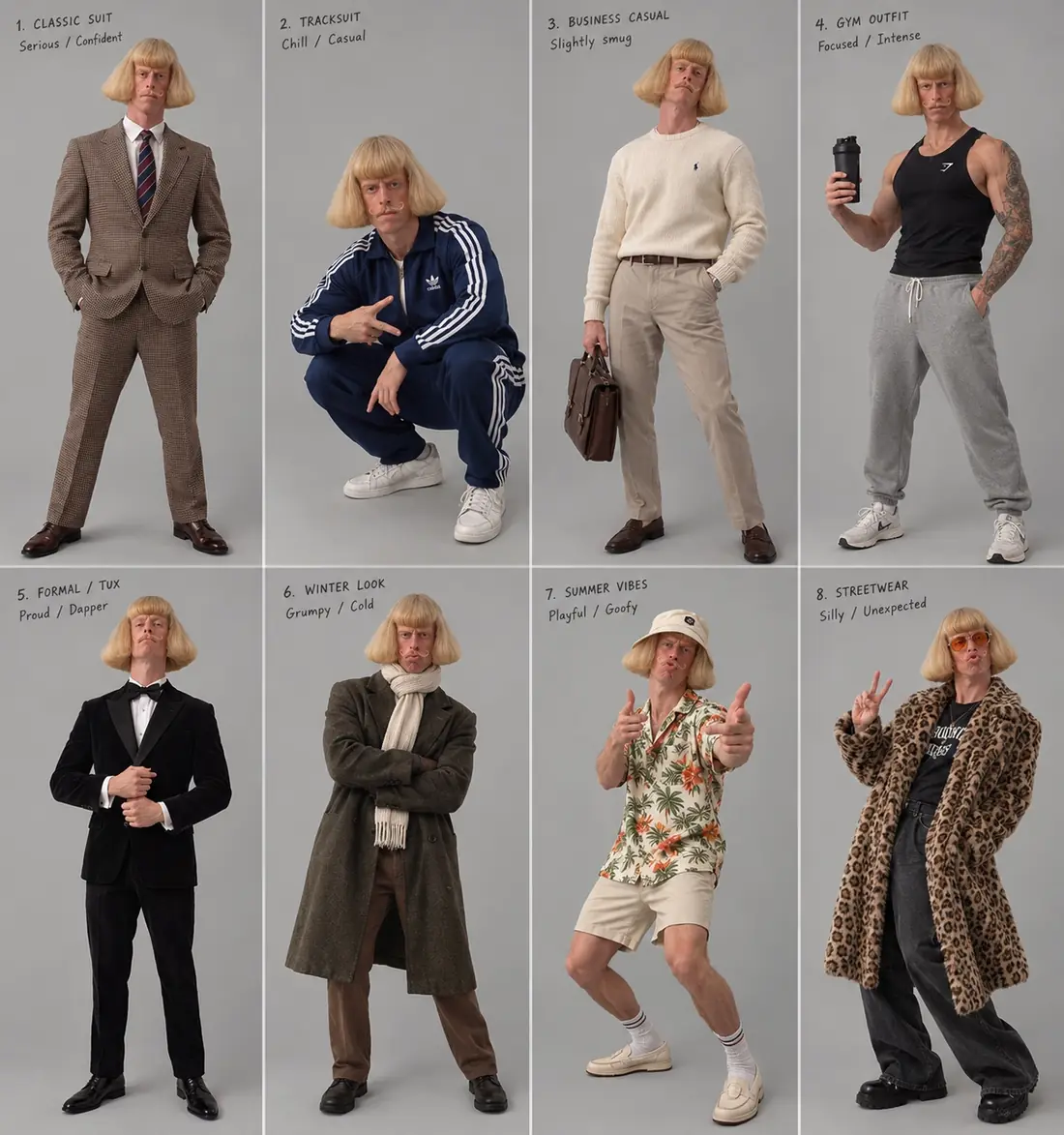 Pose sheet of one AI character with a blond bob and moustache in eight outfits and poses: suit, tracksuit, business casual, gym, tux, winter coat, summer shirt and streetwear